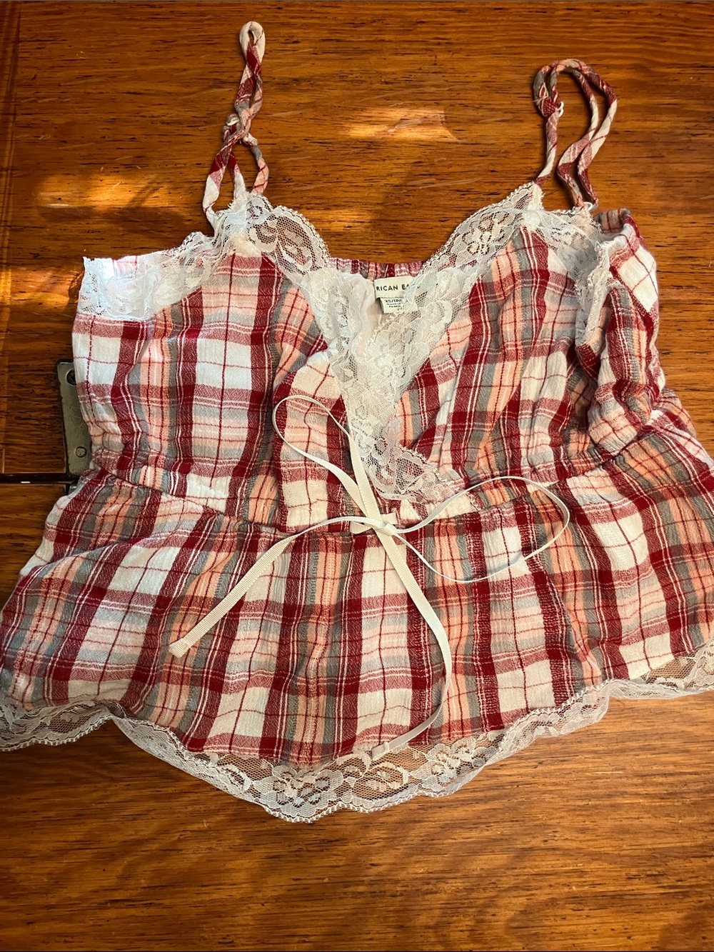 American Eagle Outfitters Red and White Plaid Lace-Trim cropped top